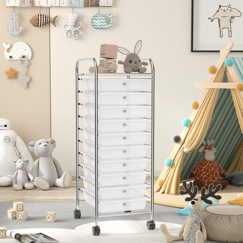 10-drawer rolling storage cart with chrome frame and clear drawers, perfect for organizing supplies in any room.
