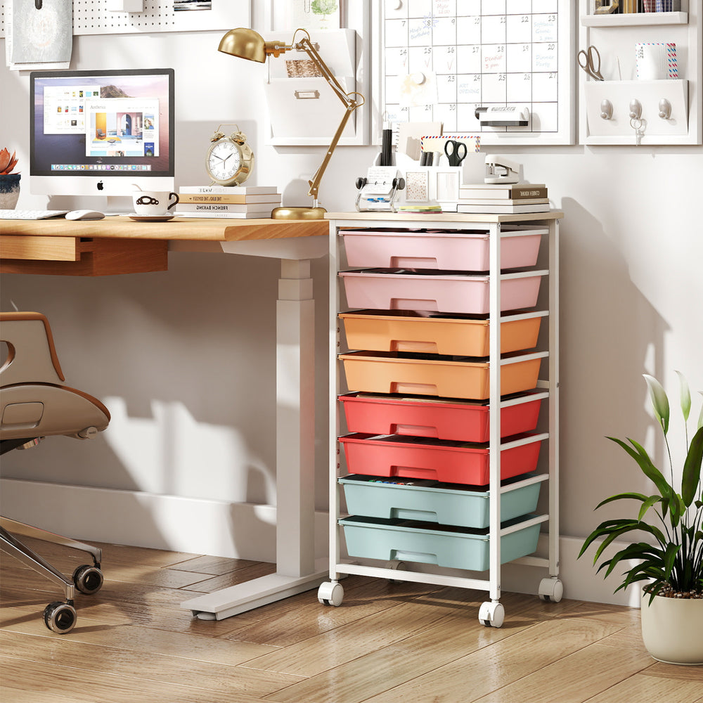 Rolling Cart with 8 Drawers and Wooden Tabletop with Lockable Wheels for Home Office-Macaron + Natural - Gallery View 1 of 9