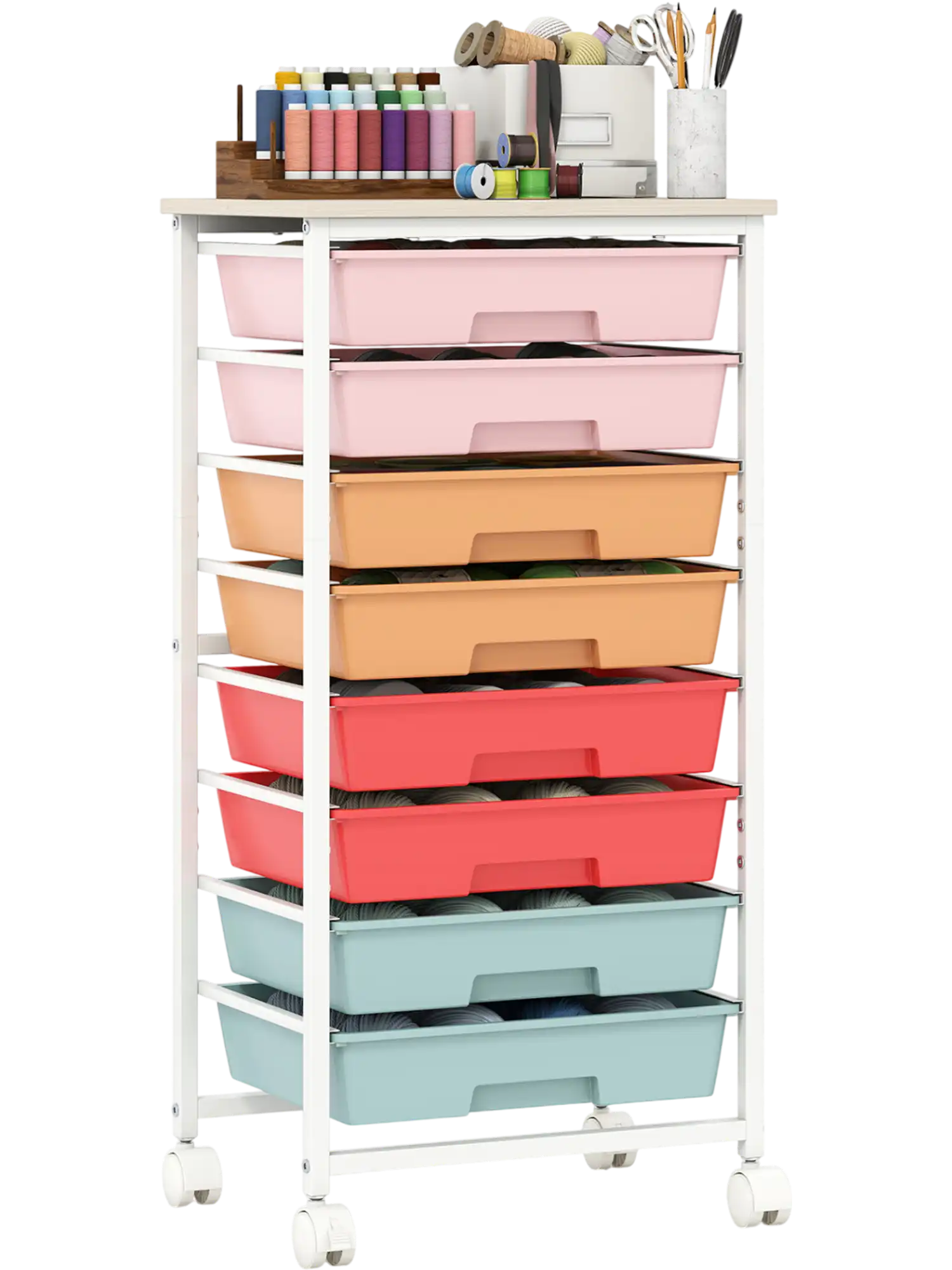 Costway Rolling Storage Cart 8-Drawer Wooden Tabletop Lockable Wheels Home Office File Cabinet 80133108 New