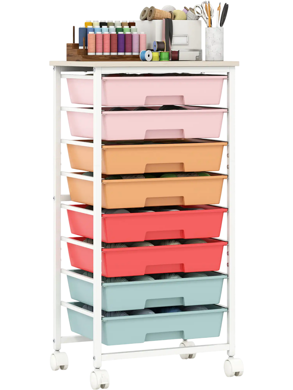 Rolling cart with 8 removable drawers and a wooden tabletop, ideal for home and office organization on wheels.