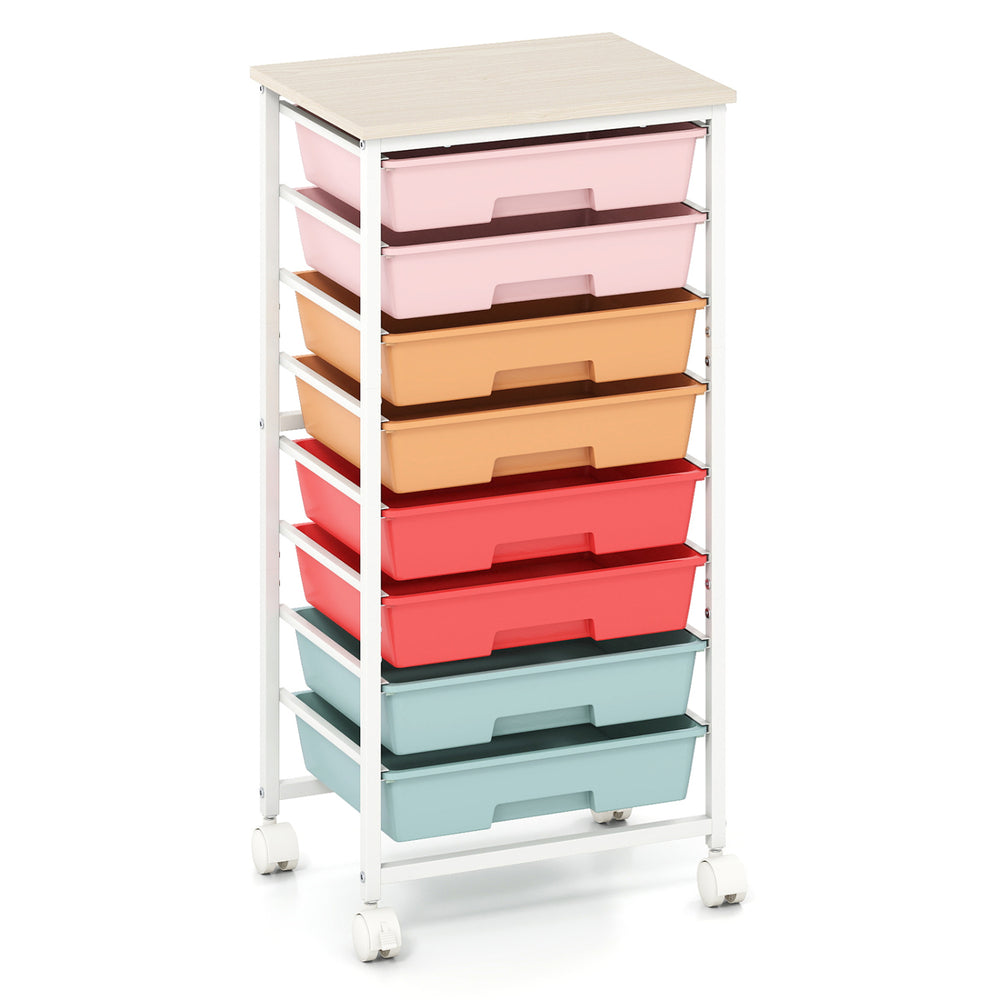 Rolling cart with 8 removable drawers in various colors, featuring a wooden tabletop and 360° swivel casters for easy mobility.