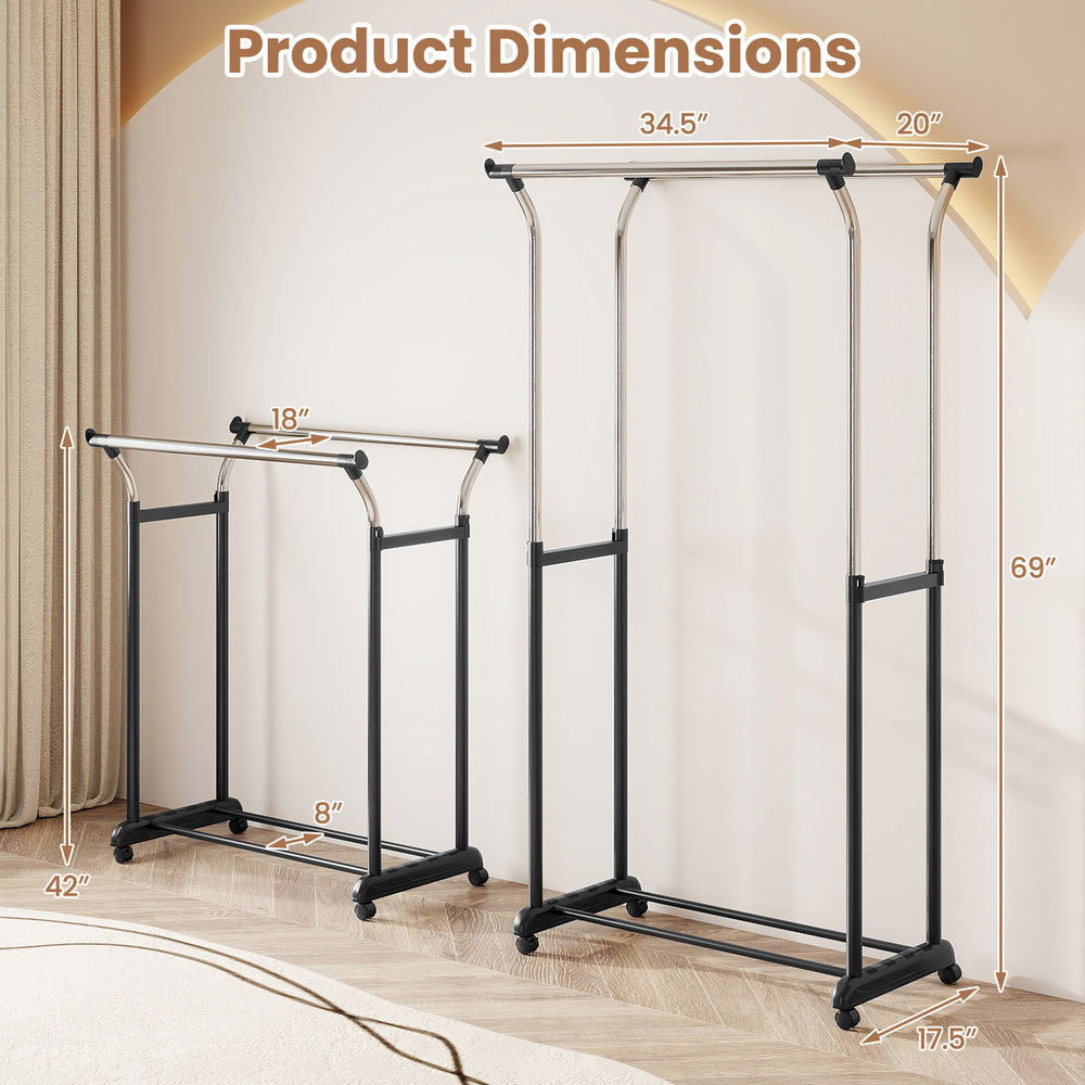 Rolling clothes rack with adjustable height from 42" to 69", featuring double rods for optimal garment organization.