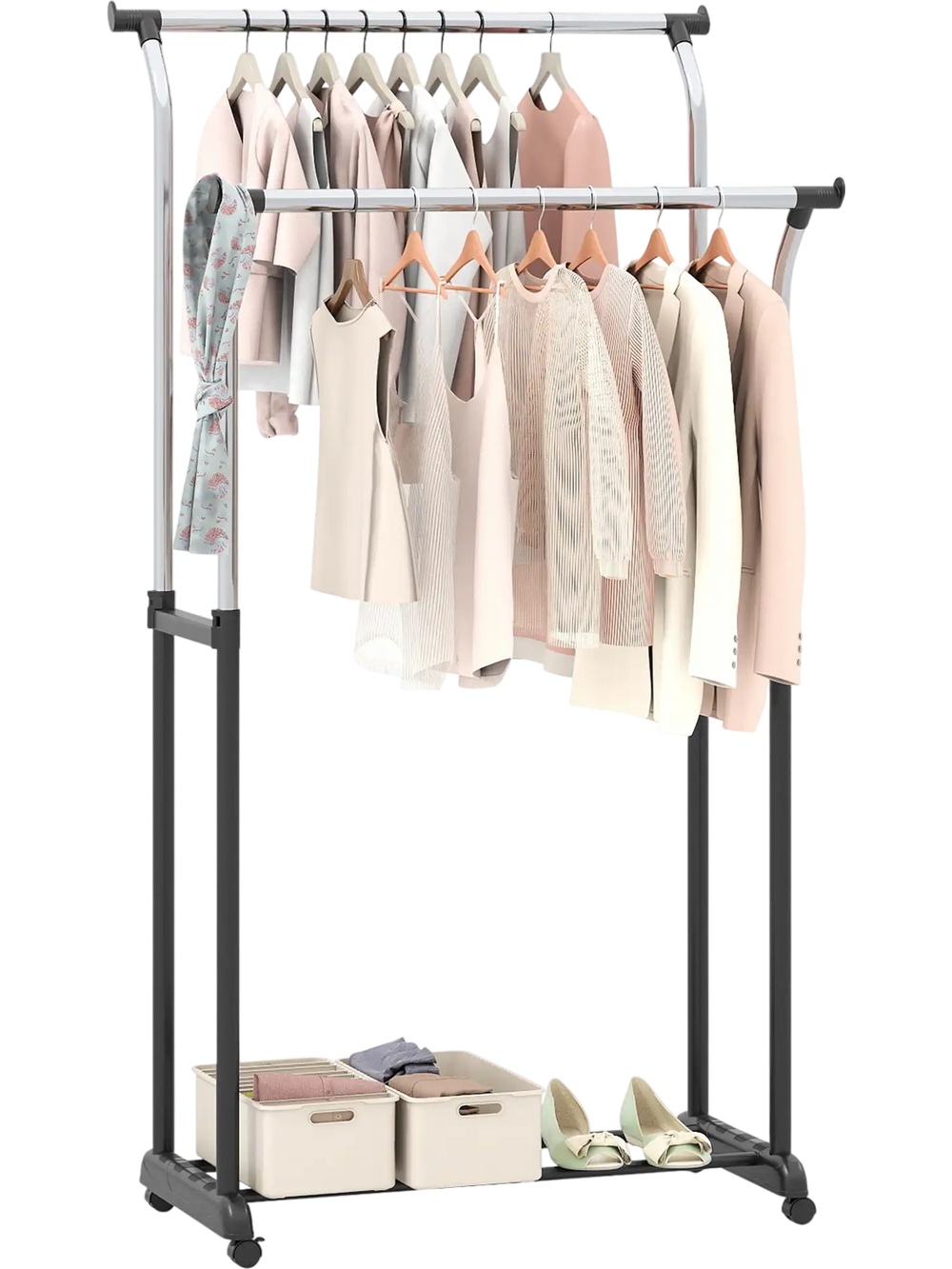 Rolling Clothes Rack Double Rod Garment Rack with Adjustable Height