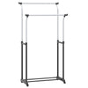 Double rod garment rack with adjustable height, heavy-duty metal construction, and smooth-rolling casters for easy.