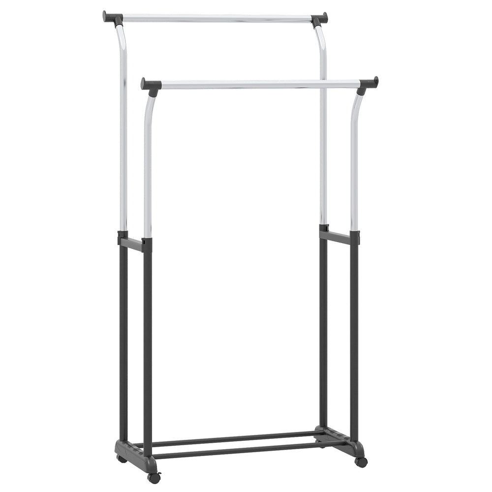 Double rod garment rack with adjustable height, heavy-duty metal construction, and smooth-rolling casters for easy.
