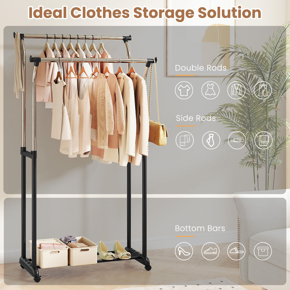 Double rod garment rack with adjustable height, smooth-rolling casters, and heavy-duty metal construction for versatile.
