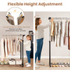Rolling clothes rack with adjustable height from 42" to 69", featuring double rods and smooth-rolling casters for easy.