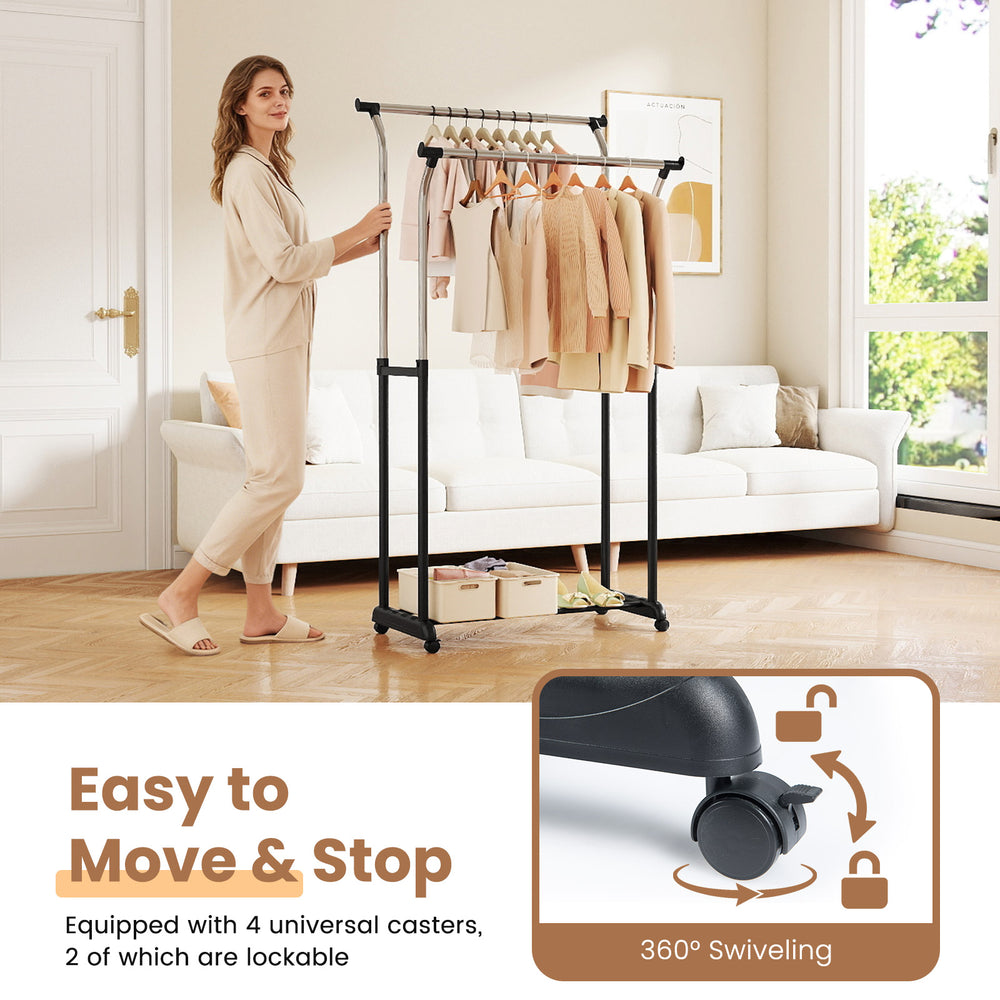 Rolling clothes rack with double rods, adjustable height, and 4 smooth-rolling casters for easy mobility and stability.
