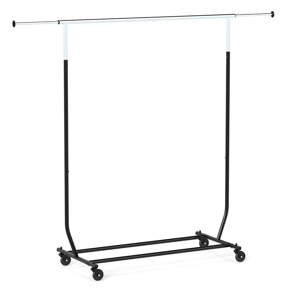 Extendable rolling clothes rack with thickened metal tubes and 4 casters for easy mobility, ideal for laundry or.