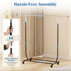 Extendable rolling clothes rack with quick-release buttons and sturdy metal tubes for laundry or bedroom use.