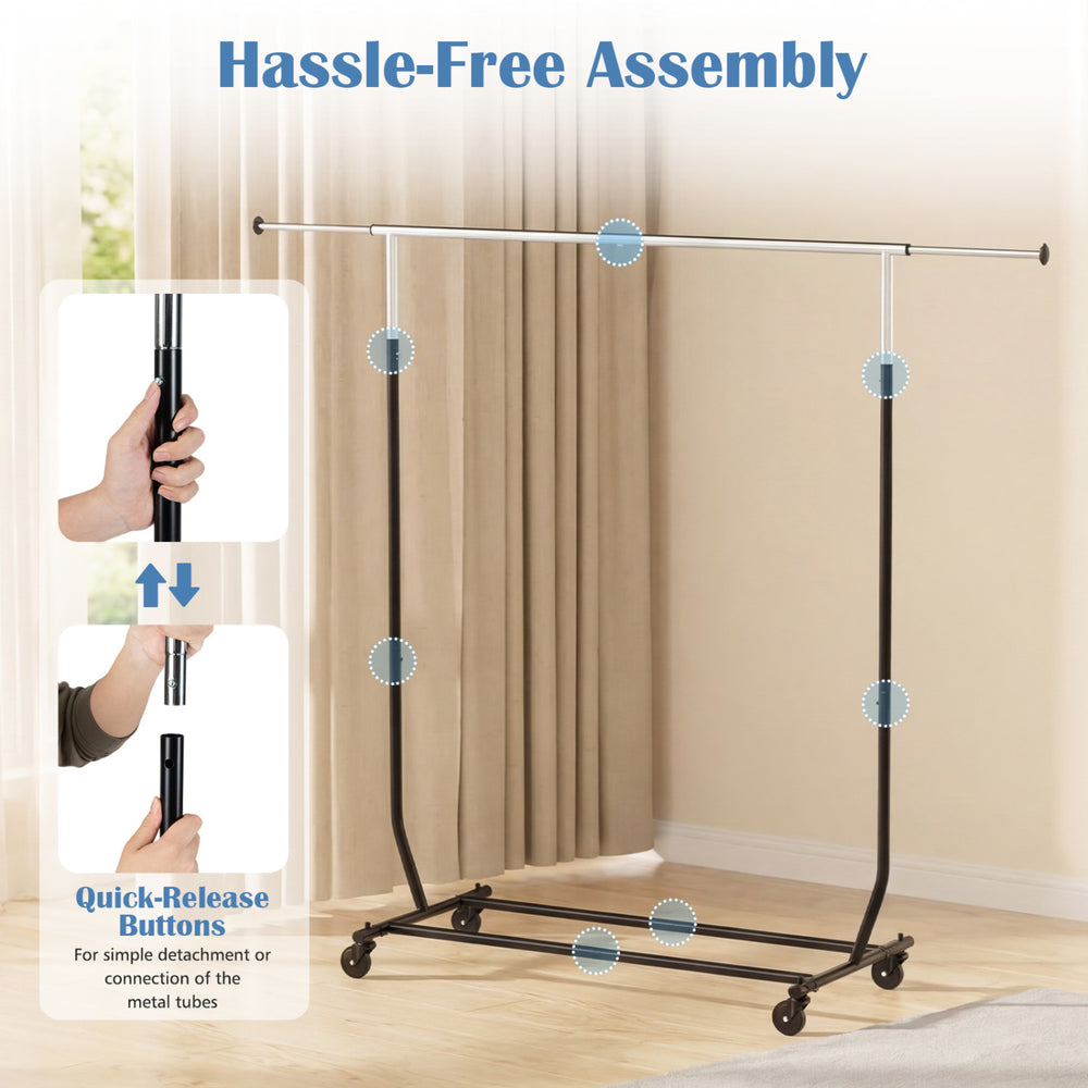 Extendable rolling clothes rack with quick-release buttons and sturdy metal tubes for laundry or bedroom use.