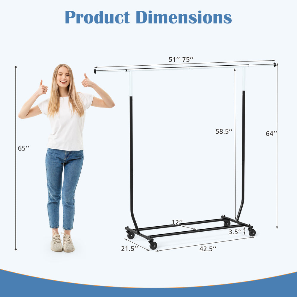 Extendable rolling clothes rack with dimensions, featuring thickened metal tubes and universal casters for easy.