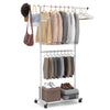 Double-rod rolling clothes rack with adjustable height, featuring hanging clothes, shoes, and storage boxes for.