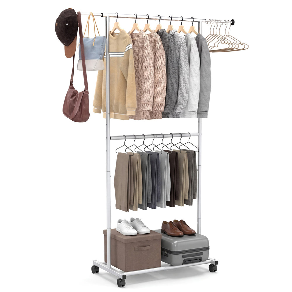 Double-rod rolling clothes rack with adjustable height, featuring hanging clothes, shoes, and storage boxes for.