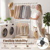 Rolling clothes rack with double rods, extendable design, and 4 smooth-rolling casters for easy mobility in any room.