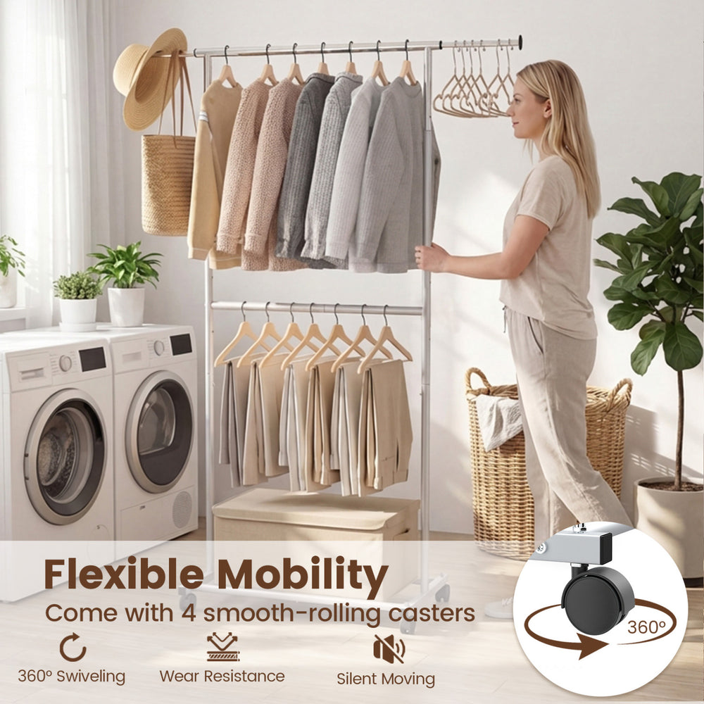 Rolling clothes rack with double rods, extendable design, and 4 smooth-rolling casters for easy mobility in any room.