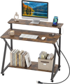 Rolling computer desk in rustic brown with charging station, monitor shelf, and large storage for home office use.