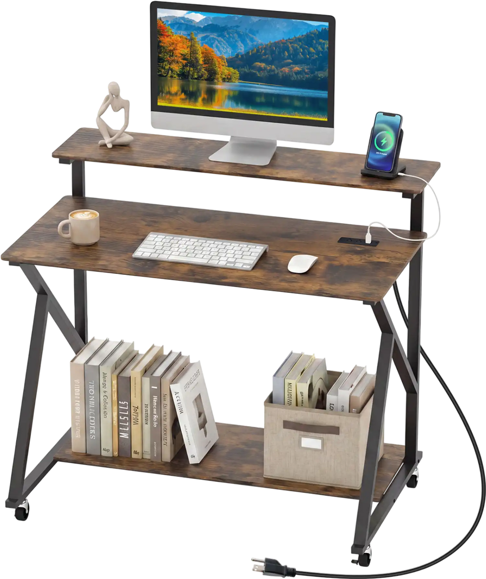 Rolling computer desk in rustic brown with charging station, monitor shelf, and large storage for home office use.