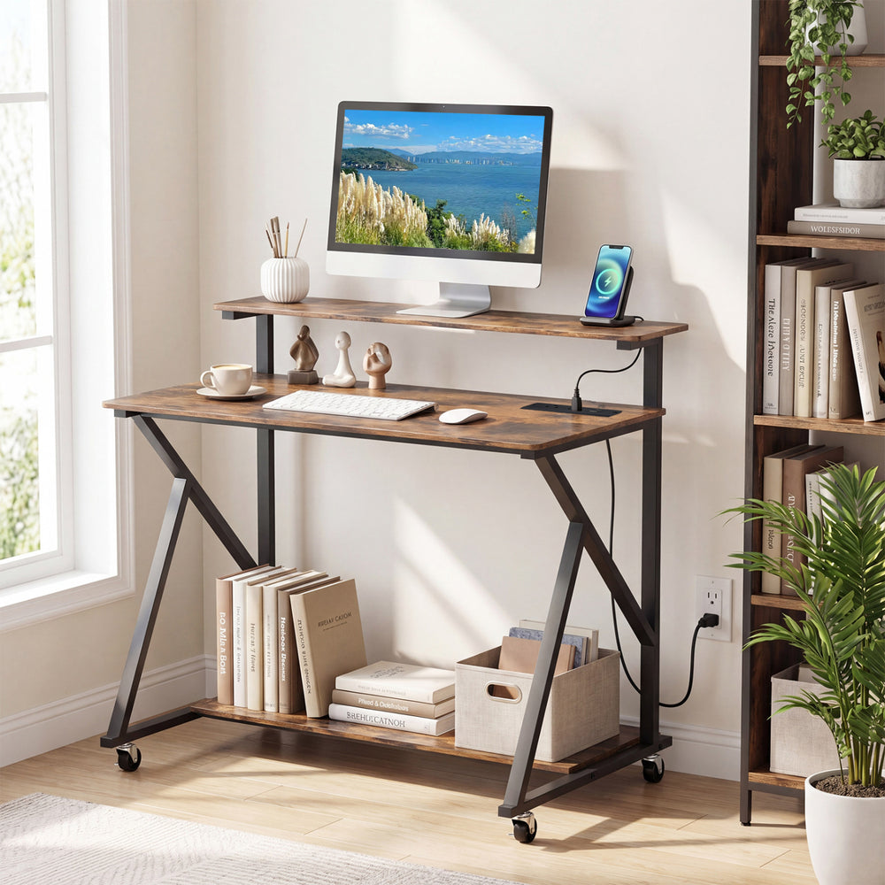 Rolling Computer Desk with Charging Station and Monitor Shelf Storage for Home Office-Rustic Brown - Gallery View 1 of 10
