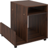 Rolling end table in brown with 3 tiers, side storage rack, and wheels for easy mobility in compact spaces.