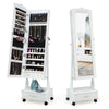 Rolling floor standing jewelry armoire in white with full-length mirror, LED lights, and lockable design for secure.