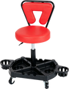 Rolling garage mechanic stool with a padded red seat, adjustable height, and tool tray for easy access during repairs.