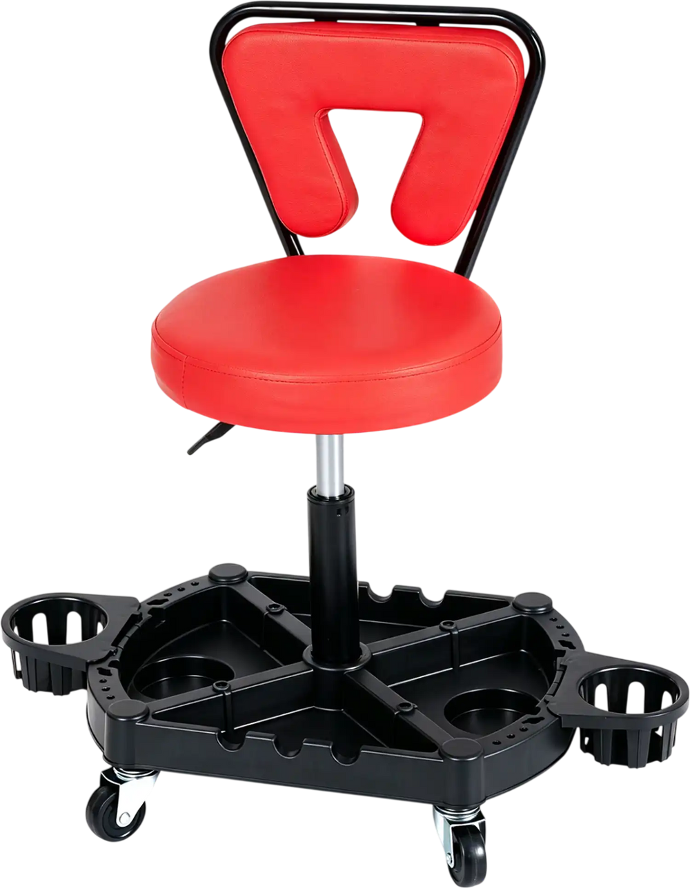 Rolling garage mechanic stool with a padded red seat, adjustable height, and tool tray for easy access during repairs.