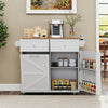 Rolling kitchen island in grey with drop leaf top, storage drawers, and trash can cabinet, perfect for kitchen.