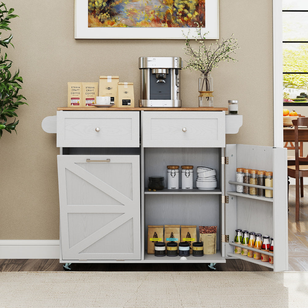 Rolling Kitchen Island with Trash Can Cabinet and Rubber Universal Wheels-Grey - Gallery View 1 of 10