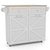 Rolling kitchen island in grey with drop leaf top, two drawers, and tilt-out trash cabinet on rubber wheels for easy.