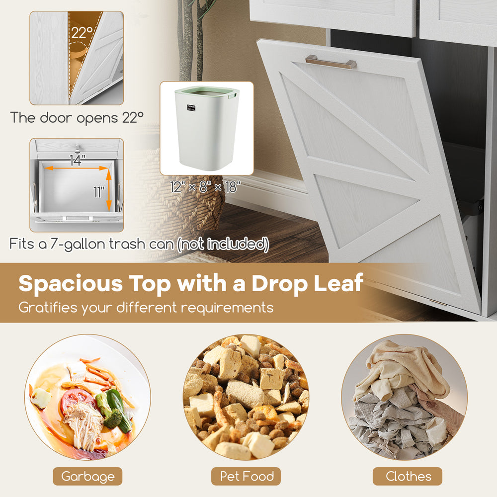 Rolling kitchen island with a spacious drop leaf top, 22° tilt-out trash cabinet, and rubber wheels for easy mobility.