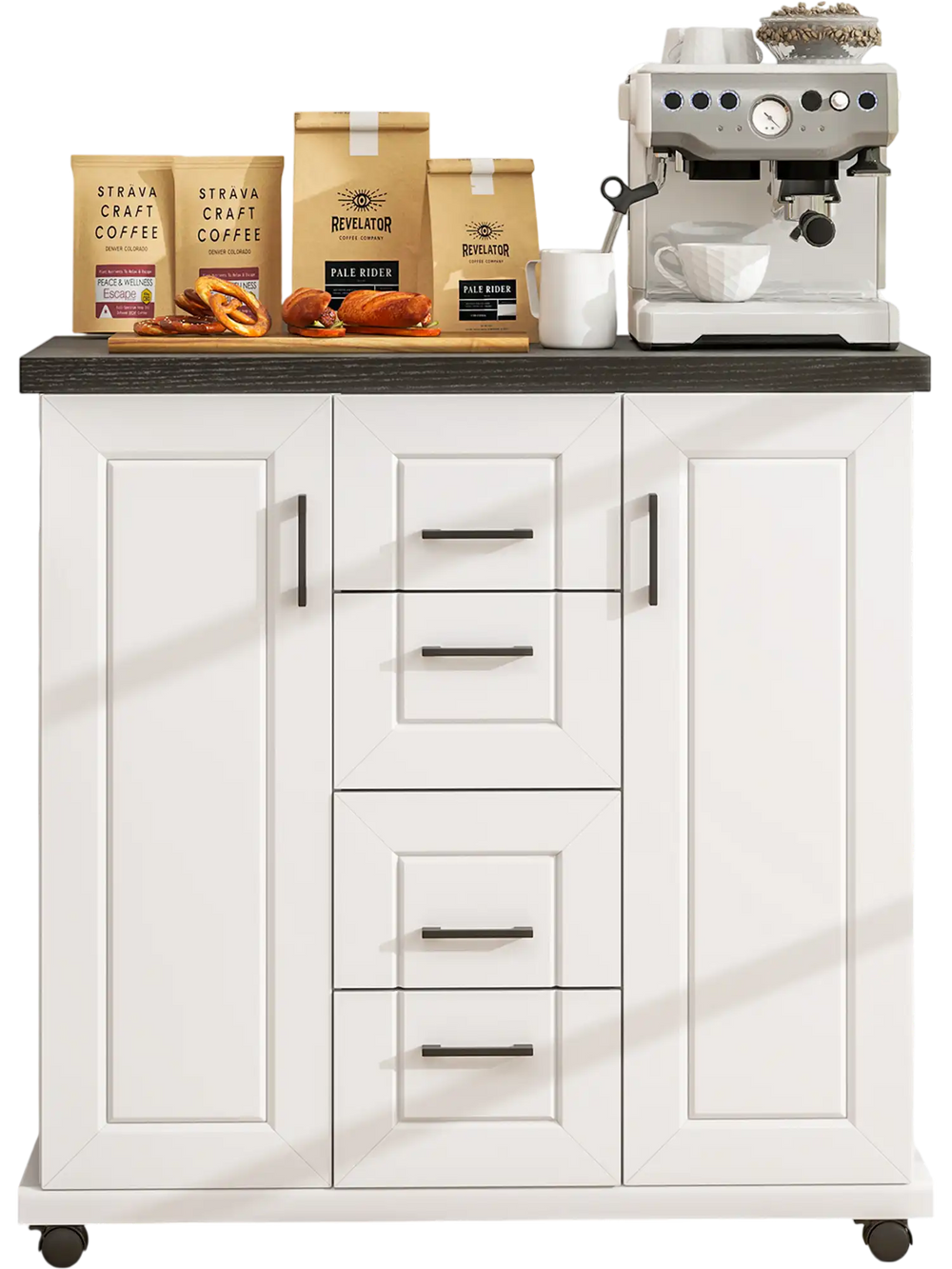 Rolling kitchen island cart with a large countertop, spice rack, and towel rack, perfect for kitchen organization.