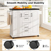 Rolling kitchen island cart in white with storage cabinets, 5 casters for mobility, and a large countertop for.