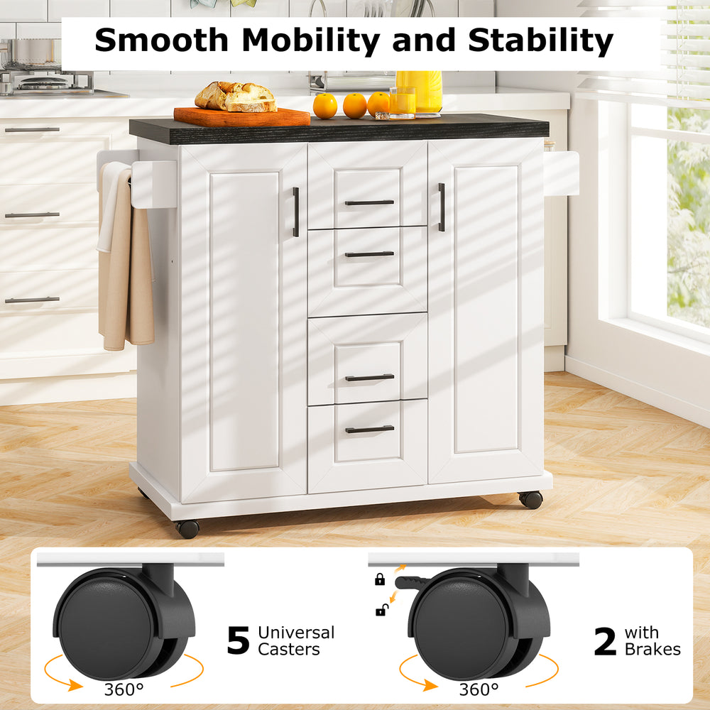 Rolling kitchen island cart in white with storage cabinets, 5 casters for mobility, and a large countertop for.