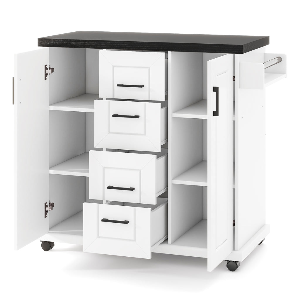 Rolling kitchen island cart in white with storage cabinets, drawers, and a wood-like countertop for organized kitchen.