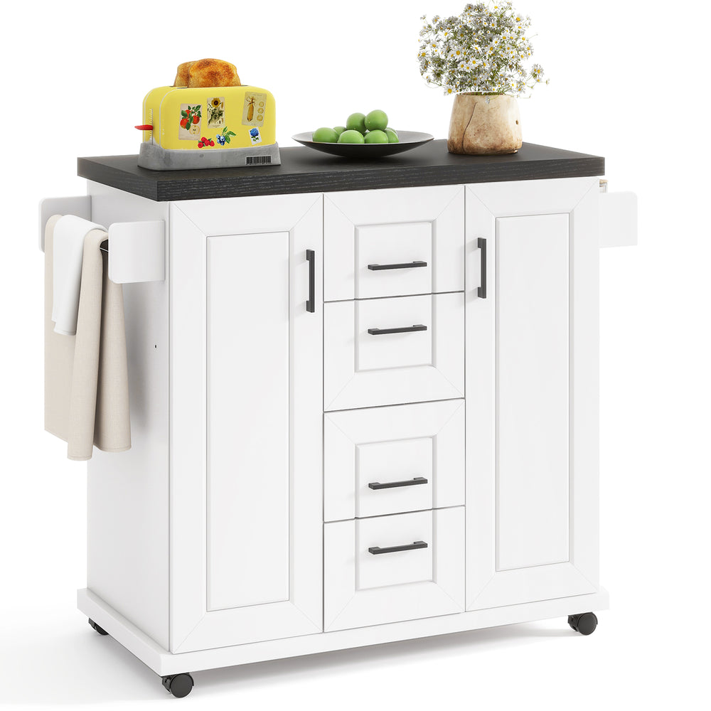 Rolling kitchen island cart in white with storage cabinets, drawers, and a large countertop for organized kitchen use.