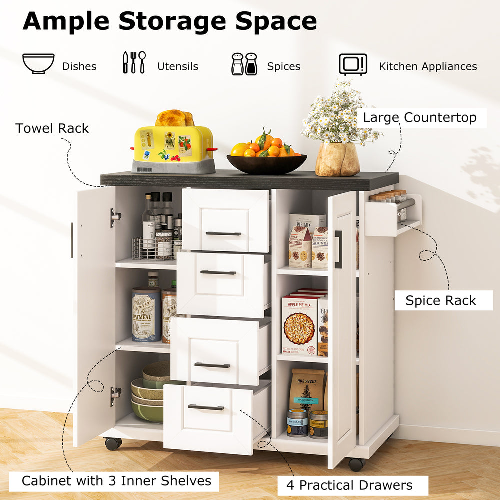 Rolling kitchen island cart with white cabinets, large countertop, spice rack, and four drawers for organized storage.