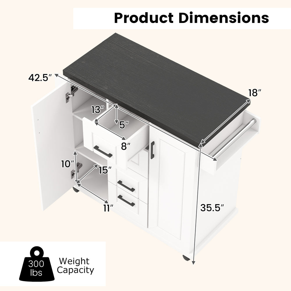 Rolling kitchen island cart dimensions showing storage cabinets and drawers, designed for organization and mobility.
