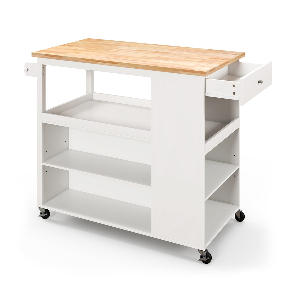 Kitchen island trolley cart with rubber wood countertop, adjustable shelves, and drawer for versatile kitchen storage.