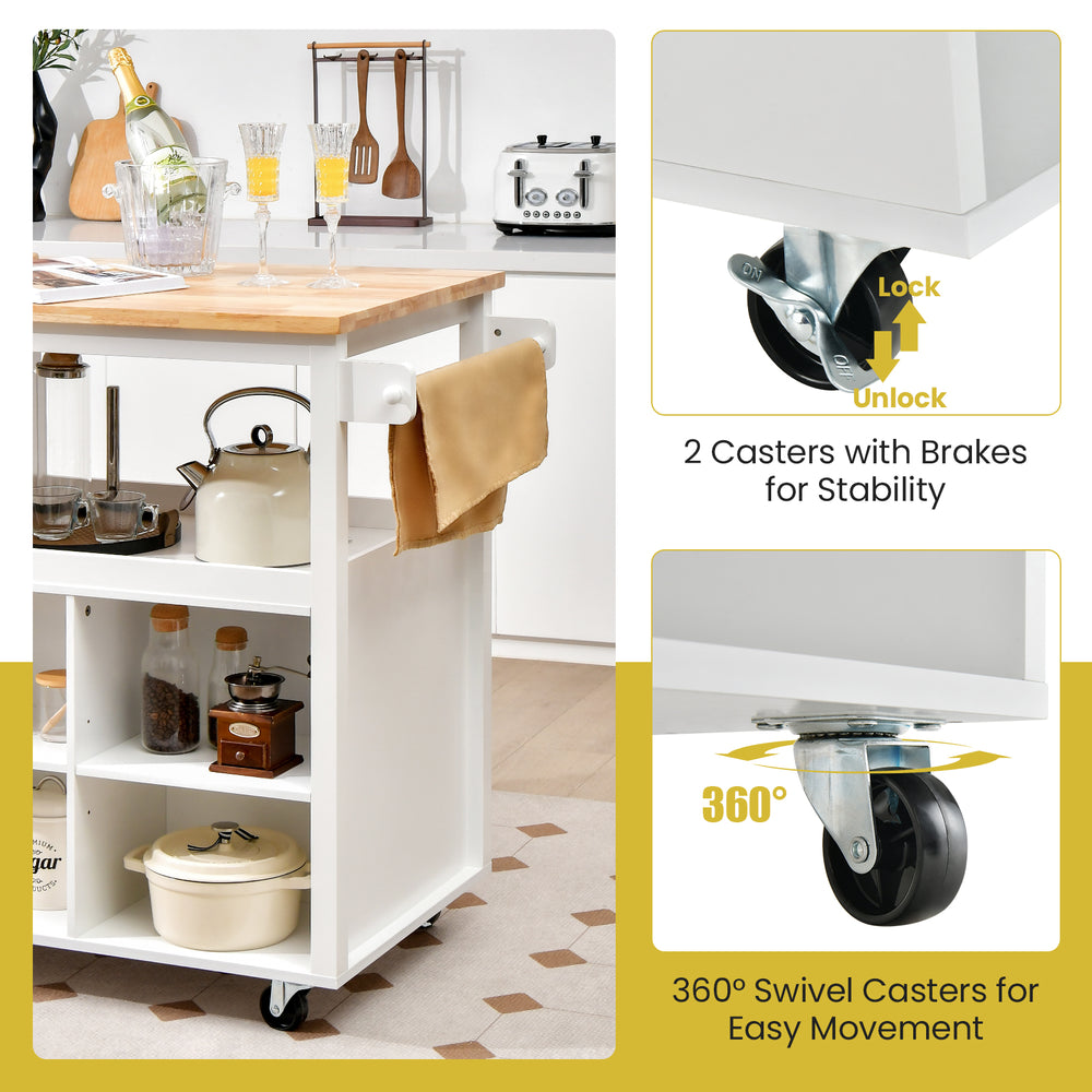 Kitchen island trolley cart with white finish, rubber wood countertop, adjustable shelves, and 360° swivel casters for.