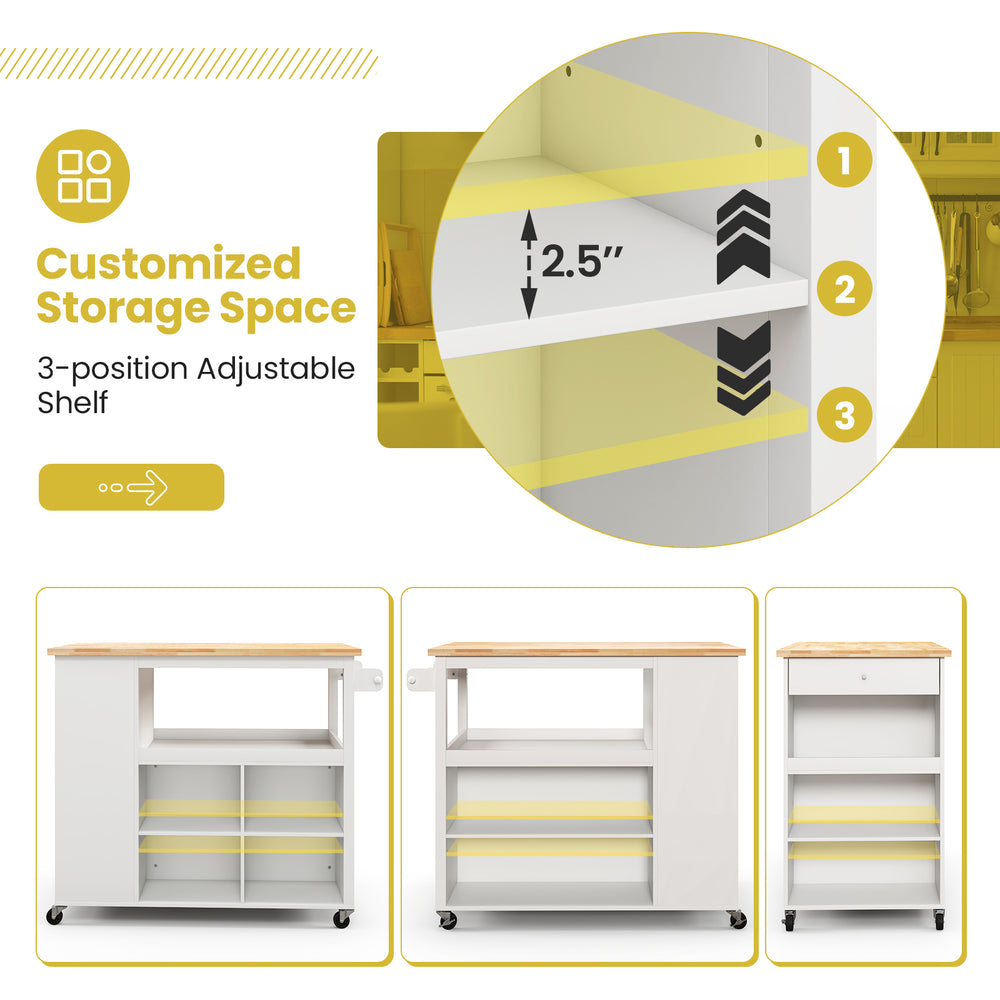 Kitchen island trolley cart with adjustable shelves, rubber wood countertop, and slide-out drawer for versatile storage.