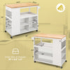 Kitchen island trolley cart with a rubber wood countertop, adjustable shelves, and a slide-out drawer for kitchen.