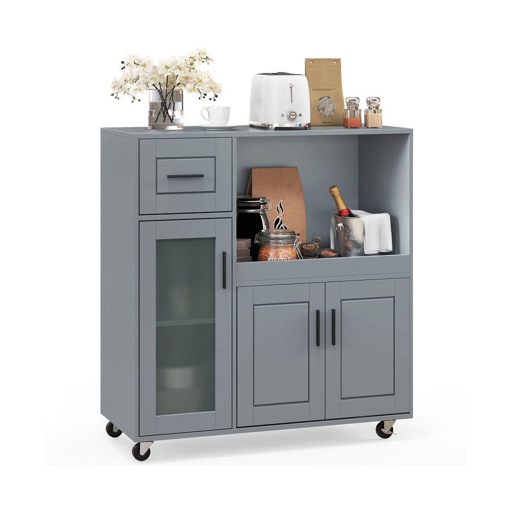Rolling kitchen island in gray with wheels, drawer, and glass door cabinet for organized culinary storage.