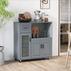 Gray rolling kitchen island with open shelf and frosted glass door, ideal for stylish kitchen organization and mobility.