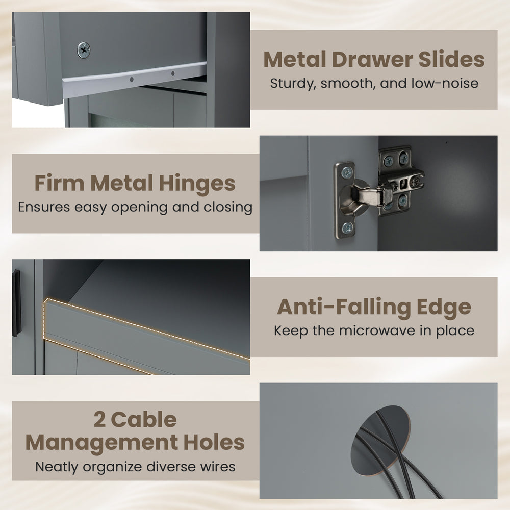Detail of the rolling kitchen island's metal drawer slides and hinges, showcasing smooth operation and sturdy.