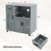 Rolling kitchen island with wheels, gray finish, featuring a drawer, glass door cabinet, and adjustable shelf.