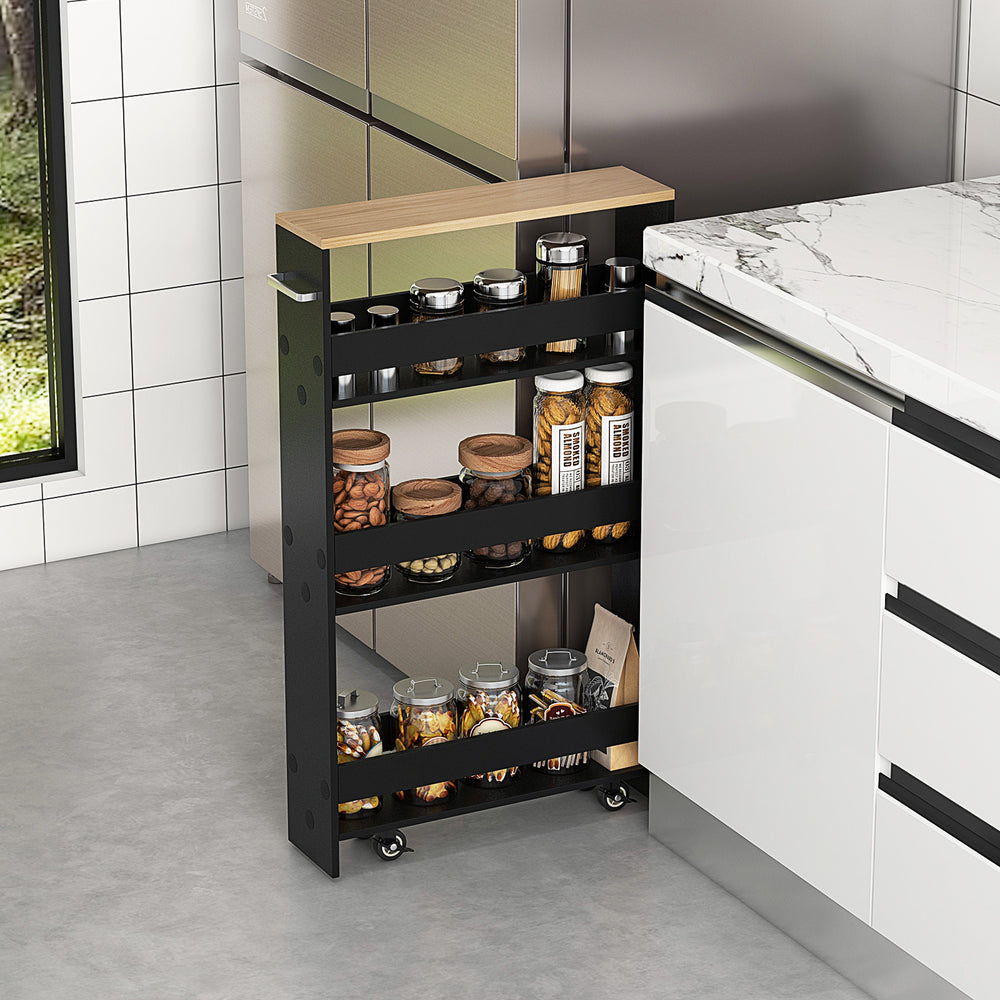 Rolling kitchen slim storage cart in black with open shelves, handle, and wheels for easy movement and organization.