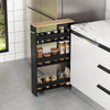 Rolling kitchen slim storage cart in black with open shelves, handle, and wheels for easy movement and organization.
