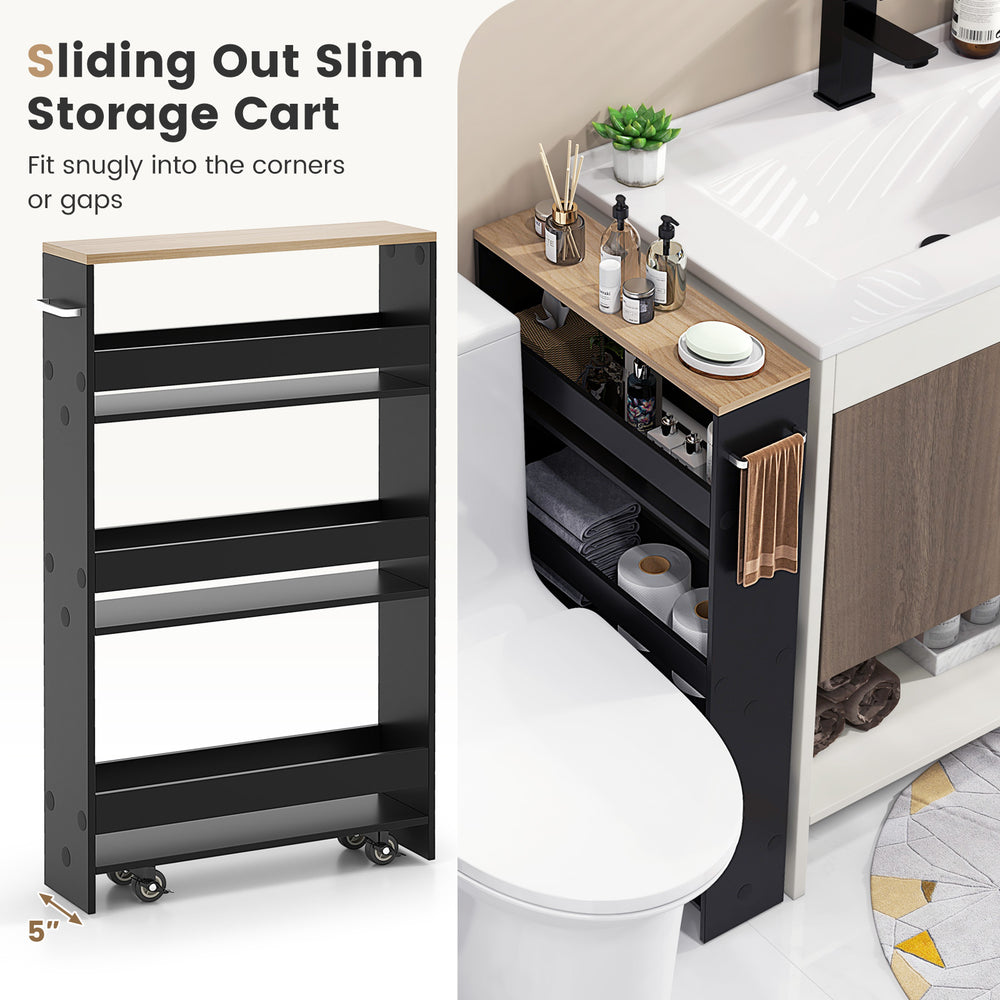 Slim black rolling storage cart with open shelves and side handle, perfect for organizing kitchen or bathroom.