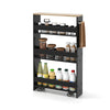 Rolling kitchen slim storage cart in black with open shelves, handle, and wheels for easy mobility and organization.